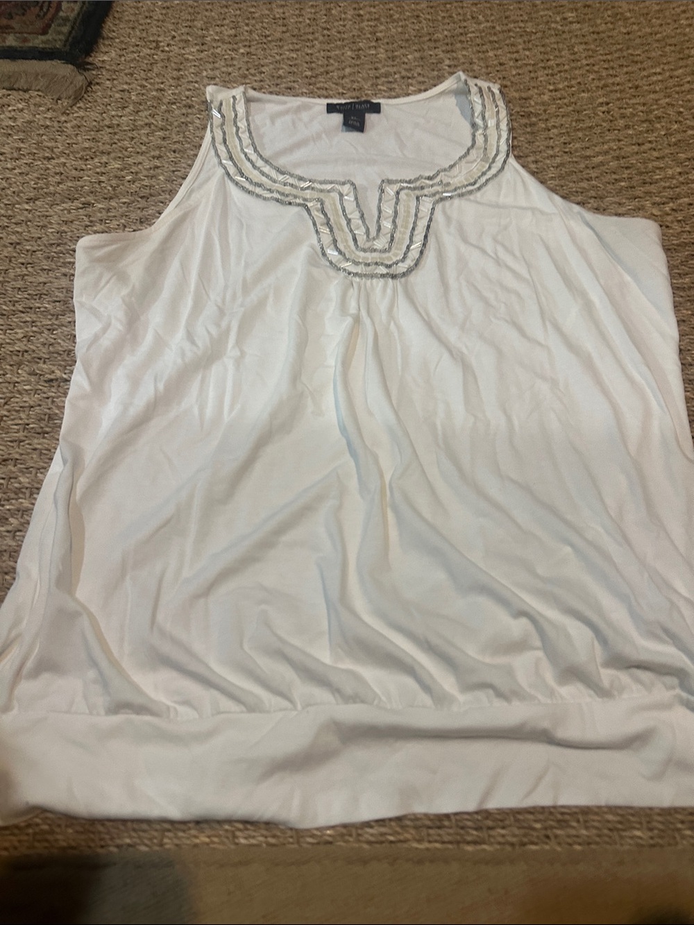 White House Black Market White Tank with Silver Beaded Neckline